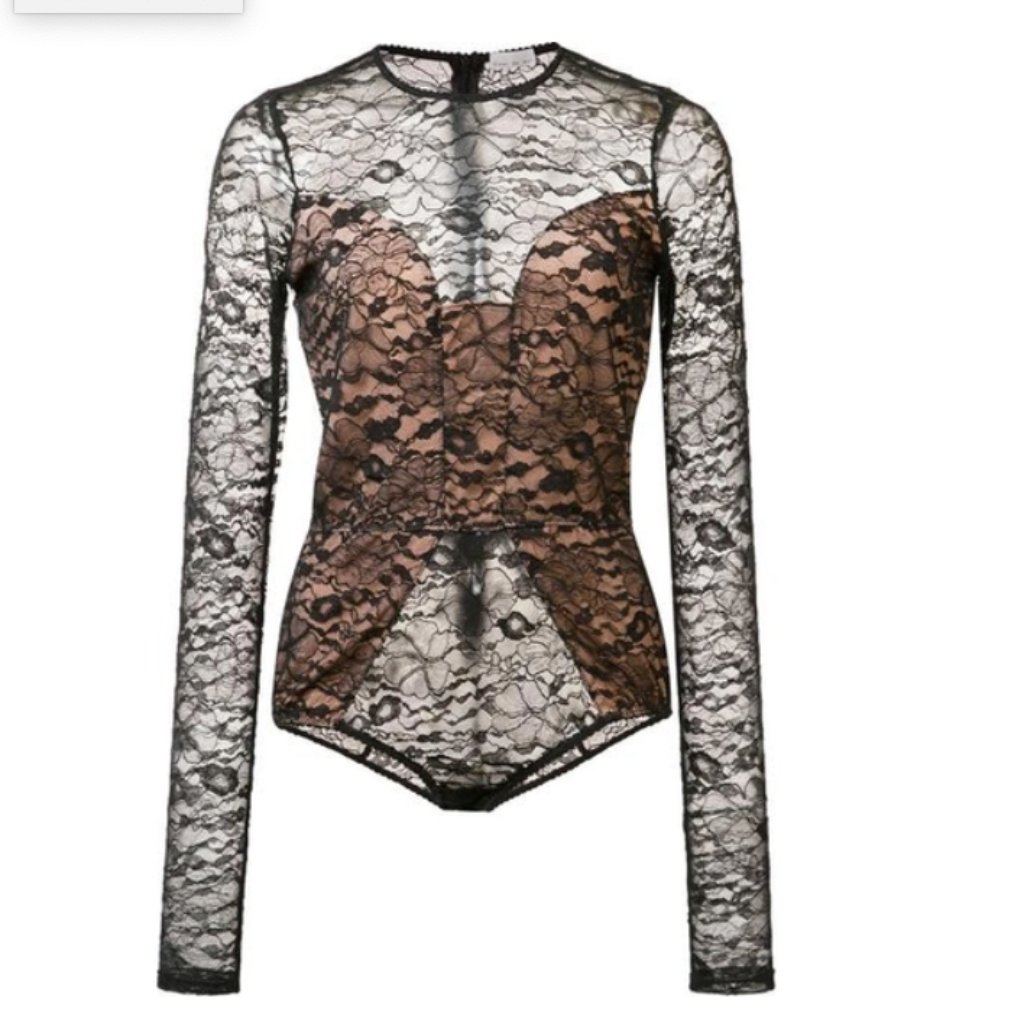 Fleur Du Mal Black Lace Long-Sleeve Bodysuit With Nude Lining